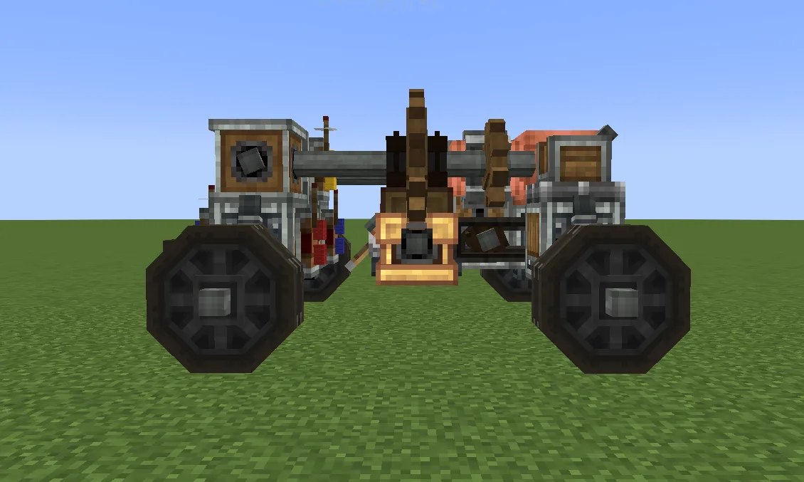 Front view of a compact mechanical vehicle built with gears and wheels