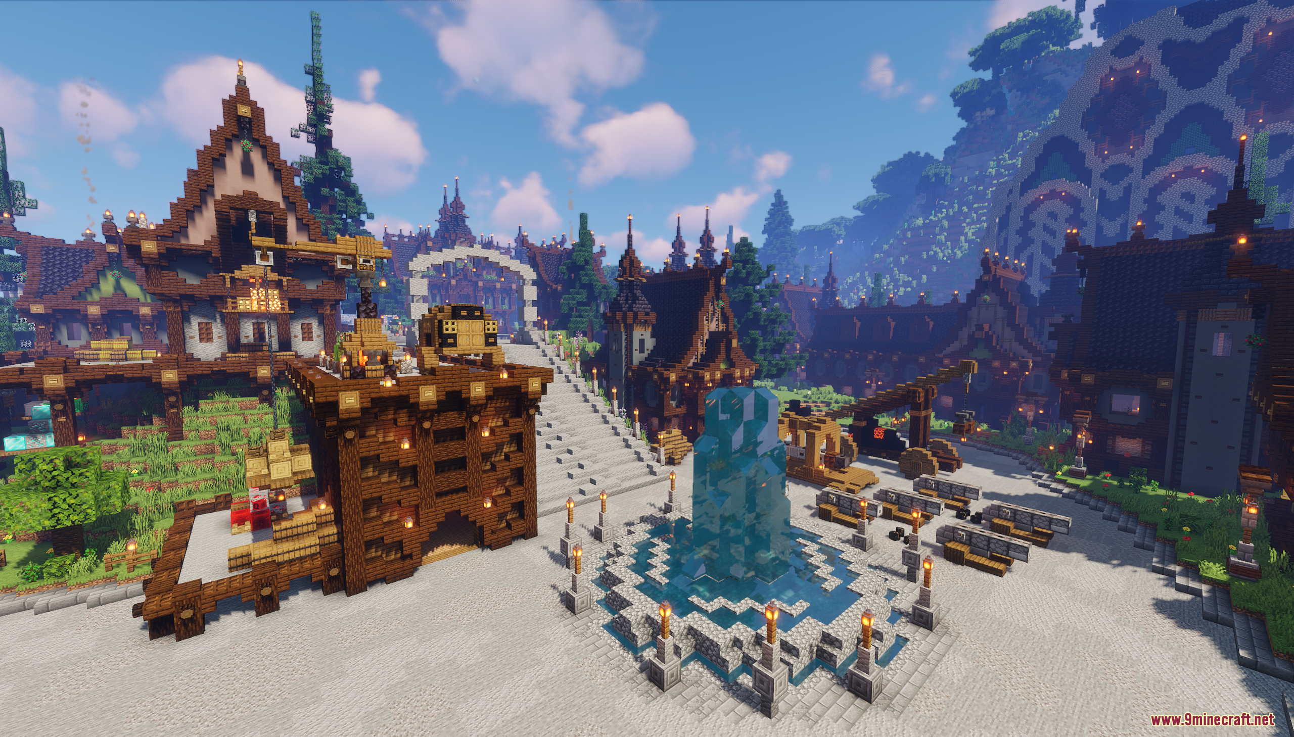 A central fountain and buildings in the Castle Story Mode Map