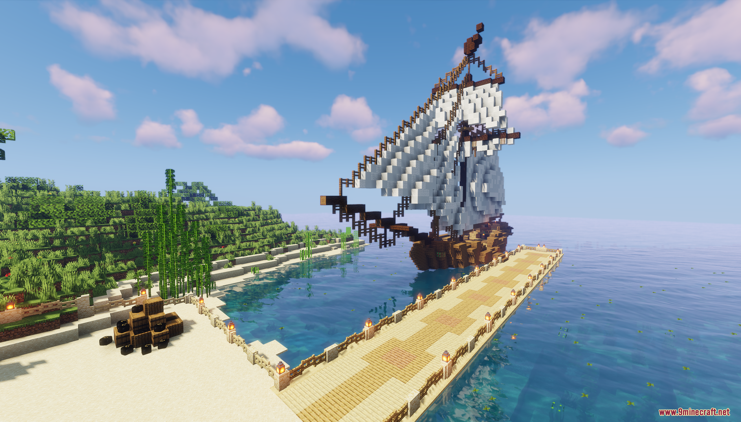 Large wooden sailing ship with white sails docked at a long pier