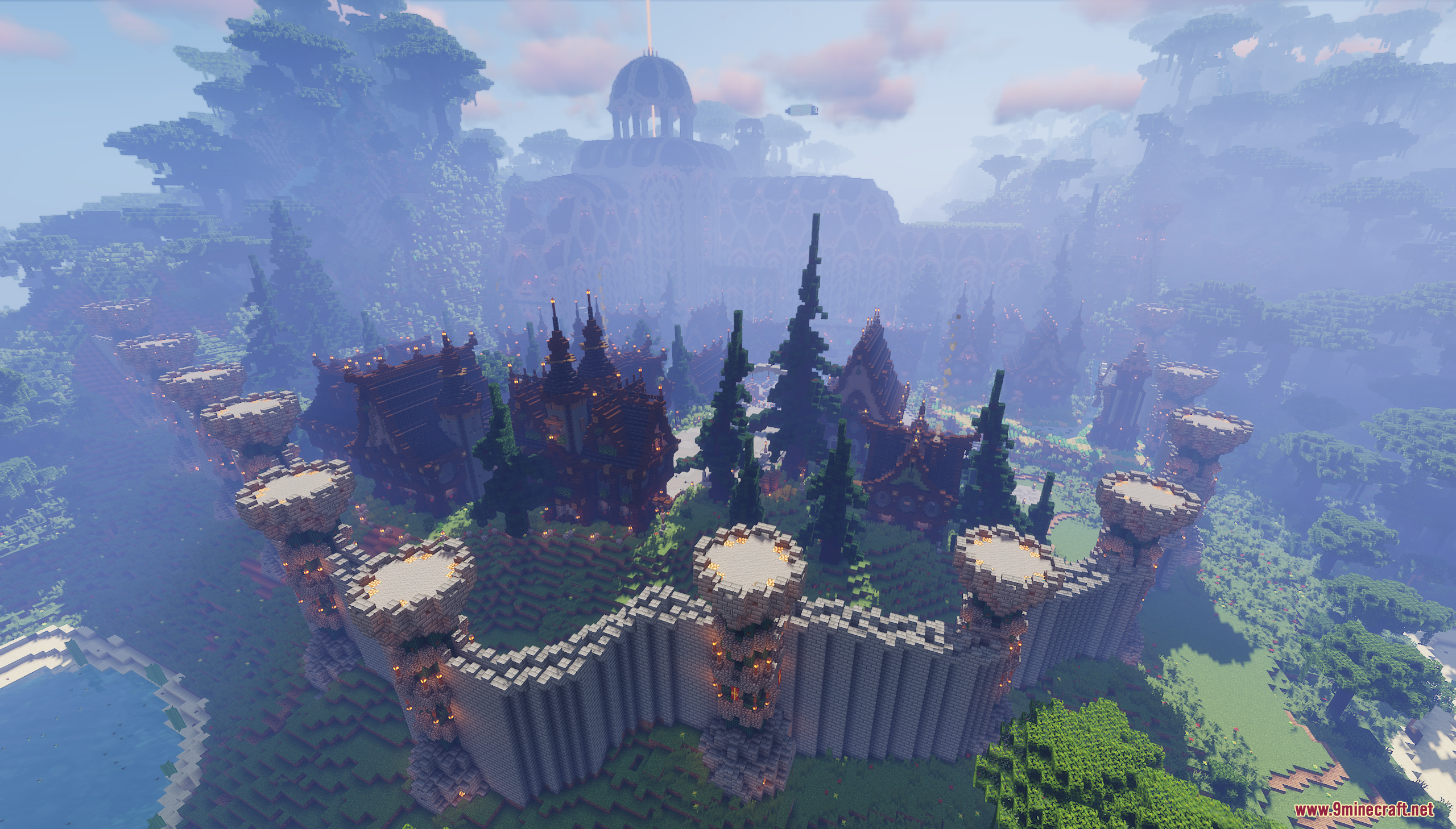 A massive medieval castle with stone walls and towers in a misty forest