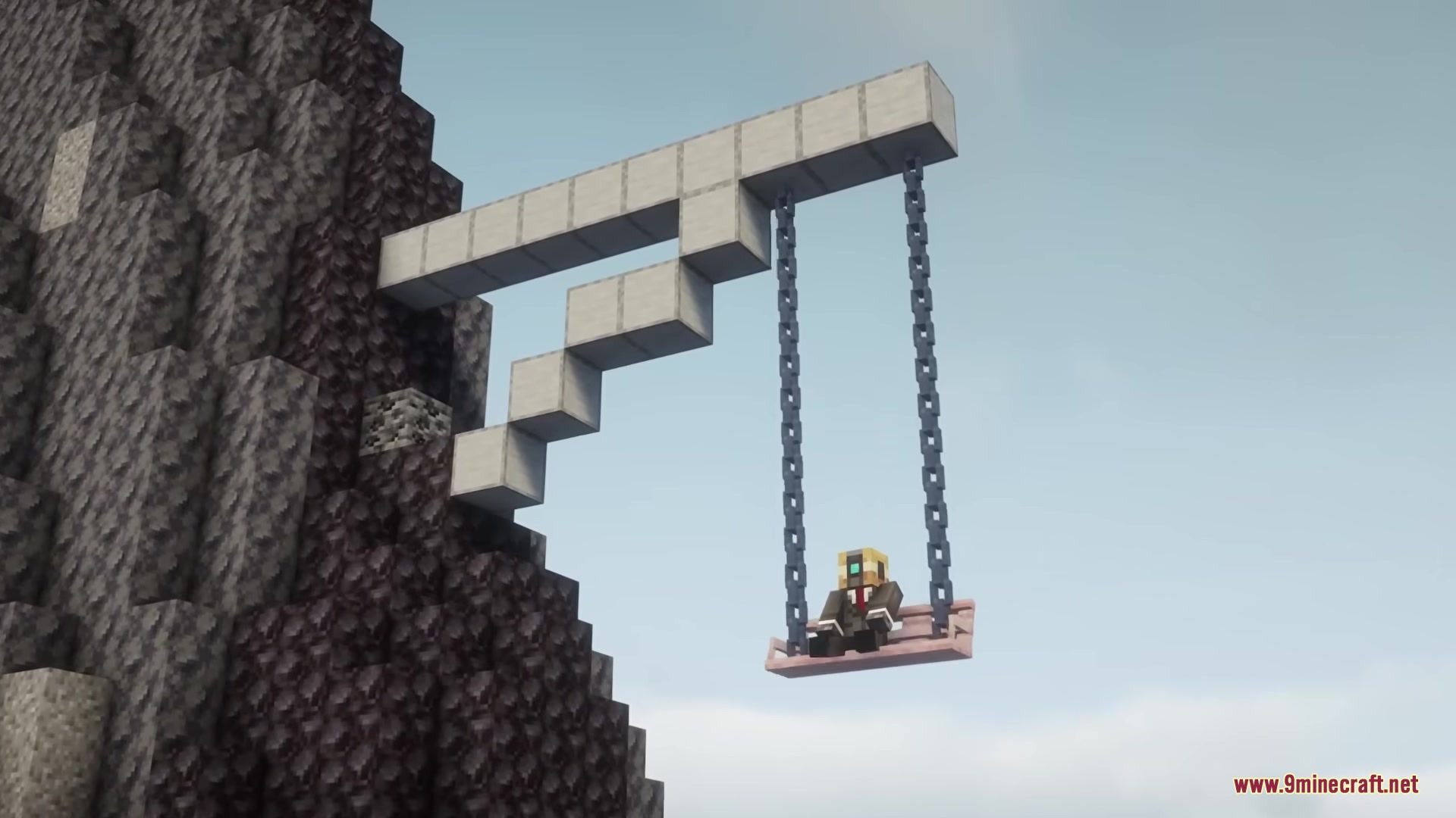 Casual Swing Mod Screenshot 1 A character sitting on a swing hanging from a stone structure above a cliff