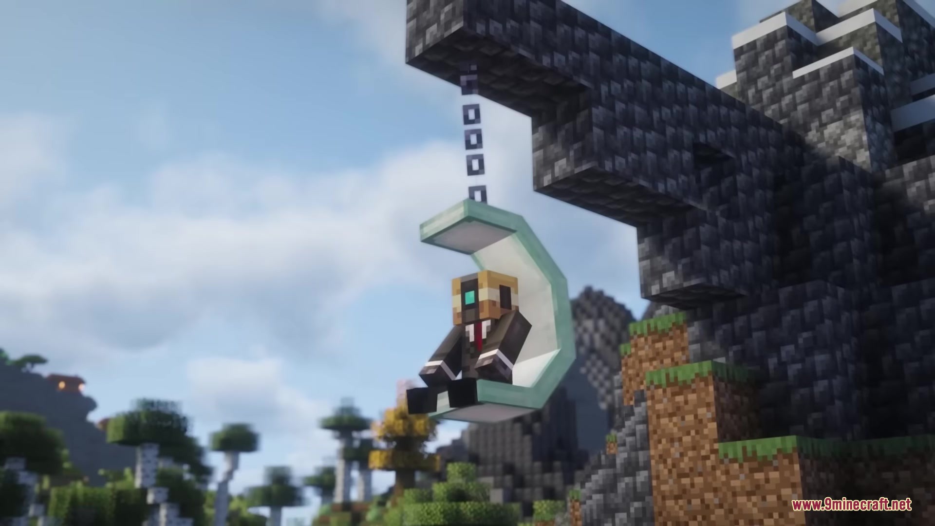 Casual Swing Mod Screenshot 3 A Minecraft character sitting on a modern curved swing hanging by a chain
