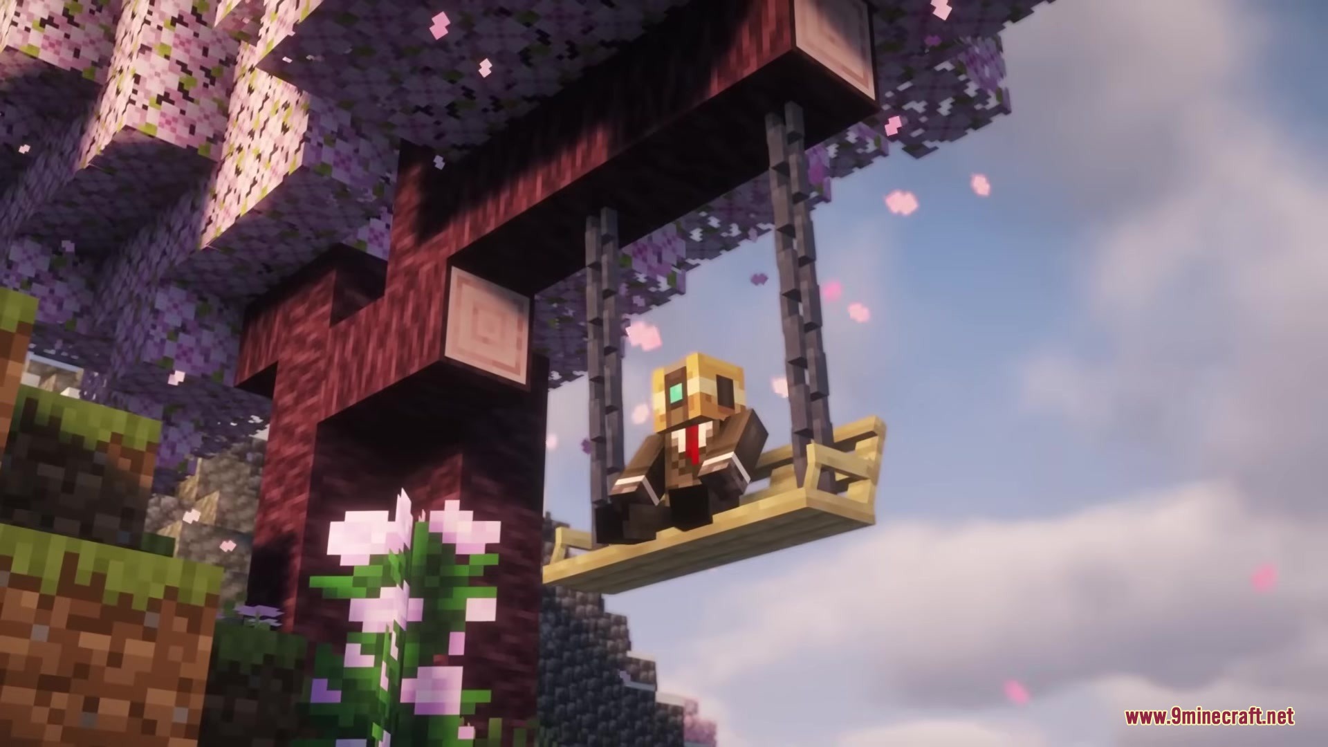 Casual Swing Mod Screenshot 5 A player character sitting on a wooden swing under a cherry blossom tree