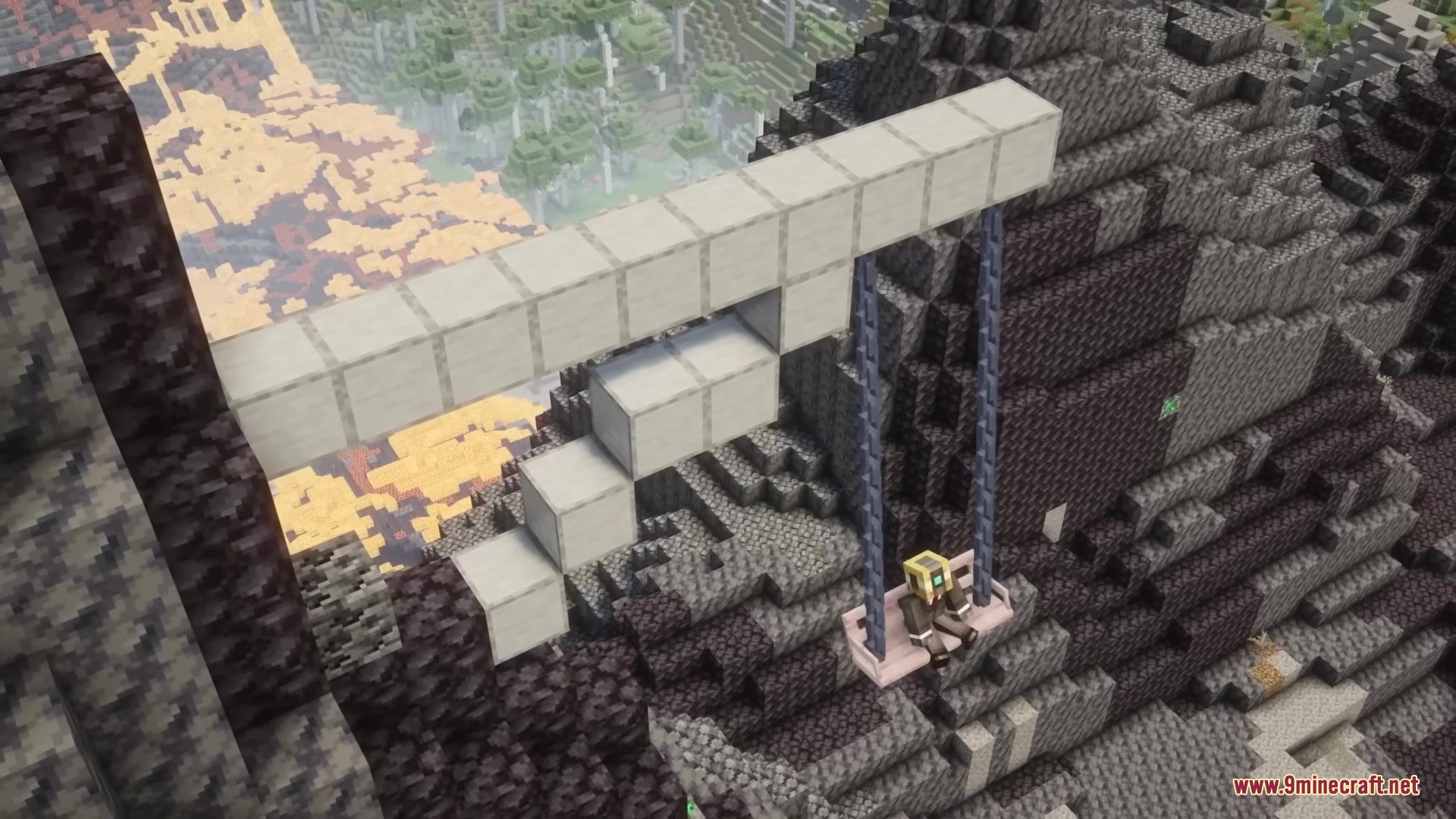 Casual Swing Mod Screenshot 6 A player character riding a swing over a deep rocky mountain ravine