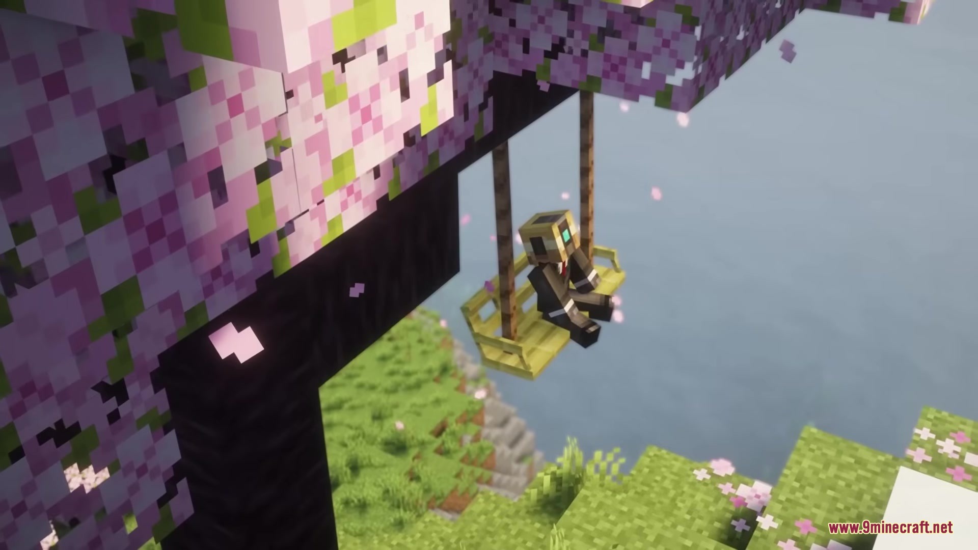 Casual Swing Mod Screenshot 7 A Minecraft character sitting on a yellow swing hanging from a cherry tree