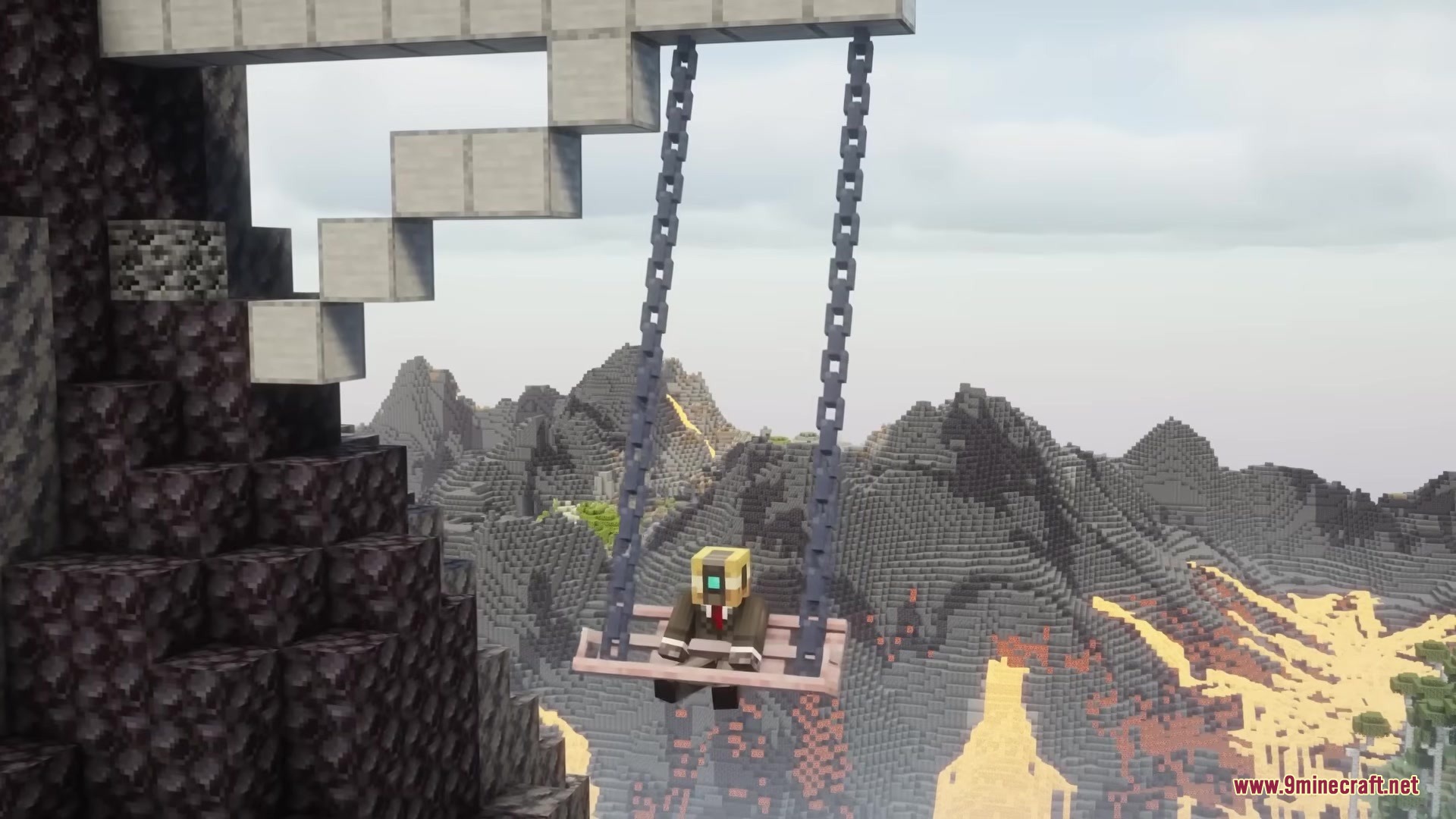 Casual Swing Mod Screenshot 8 A Minecraft character sitting on a pink swing above a vast mountain landscape
