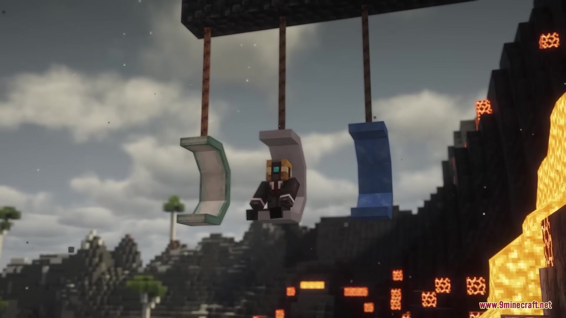 Casual Swing Mod Screenshot 9 A player character sitting on a white hanging swing in a Minecraft world