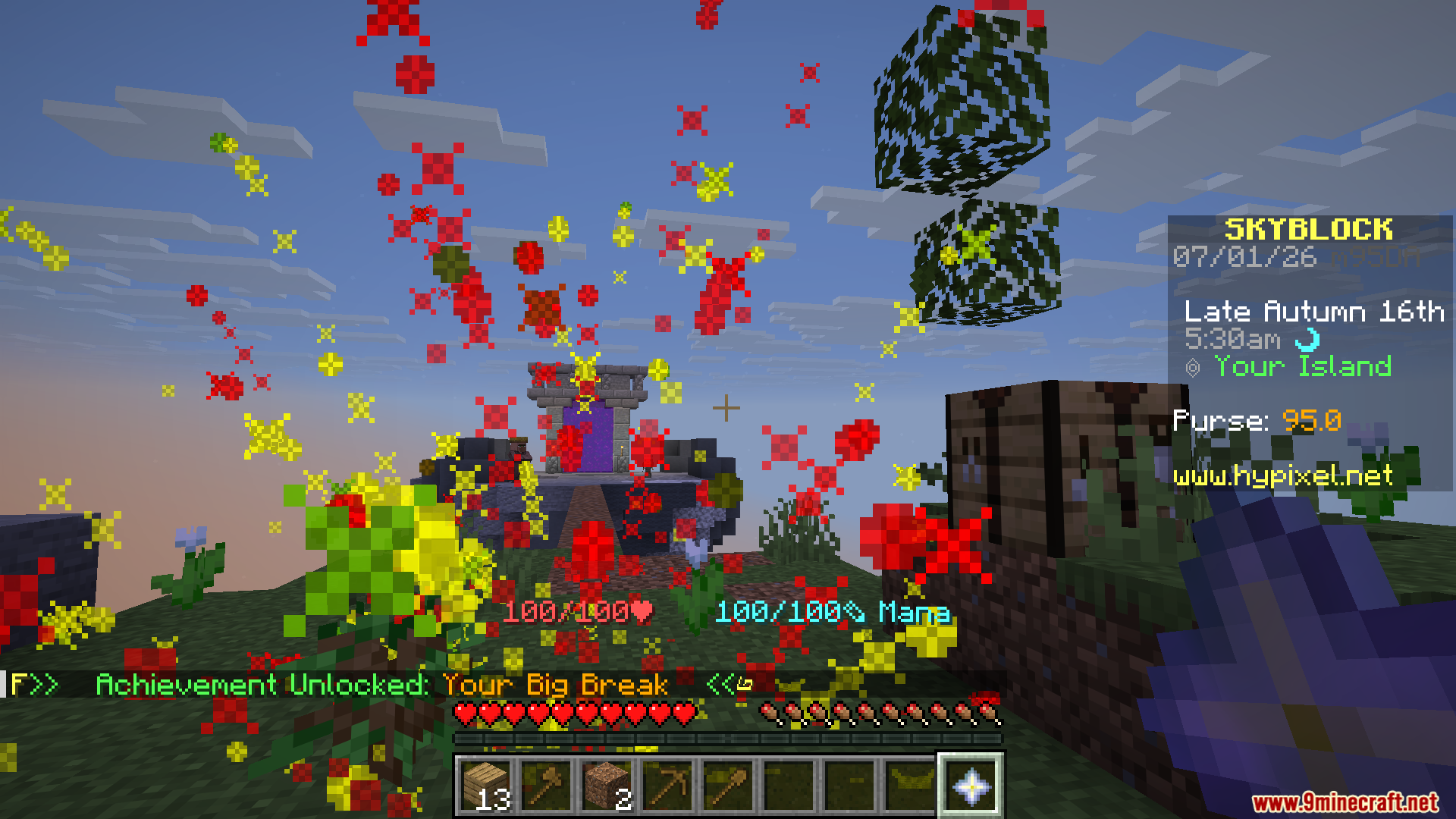 Catharsis Mod Screenshot 1 A player celebrates unlocking an achievement with colorful particles on a SkyBlock island