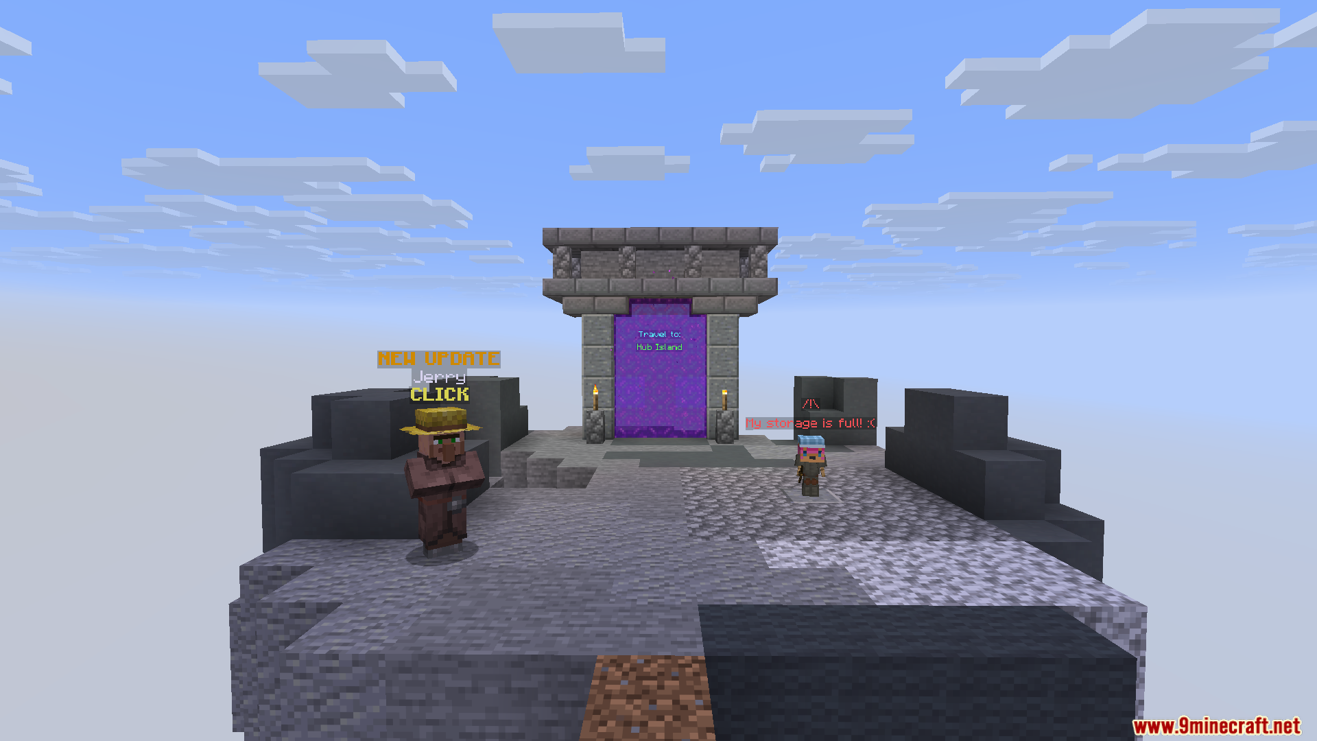 Catharsis Mod Screenshot 3 A villager named Jerry stands on a floating island near a portal
