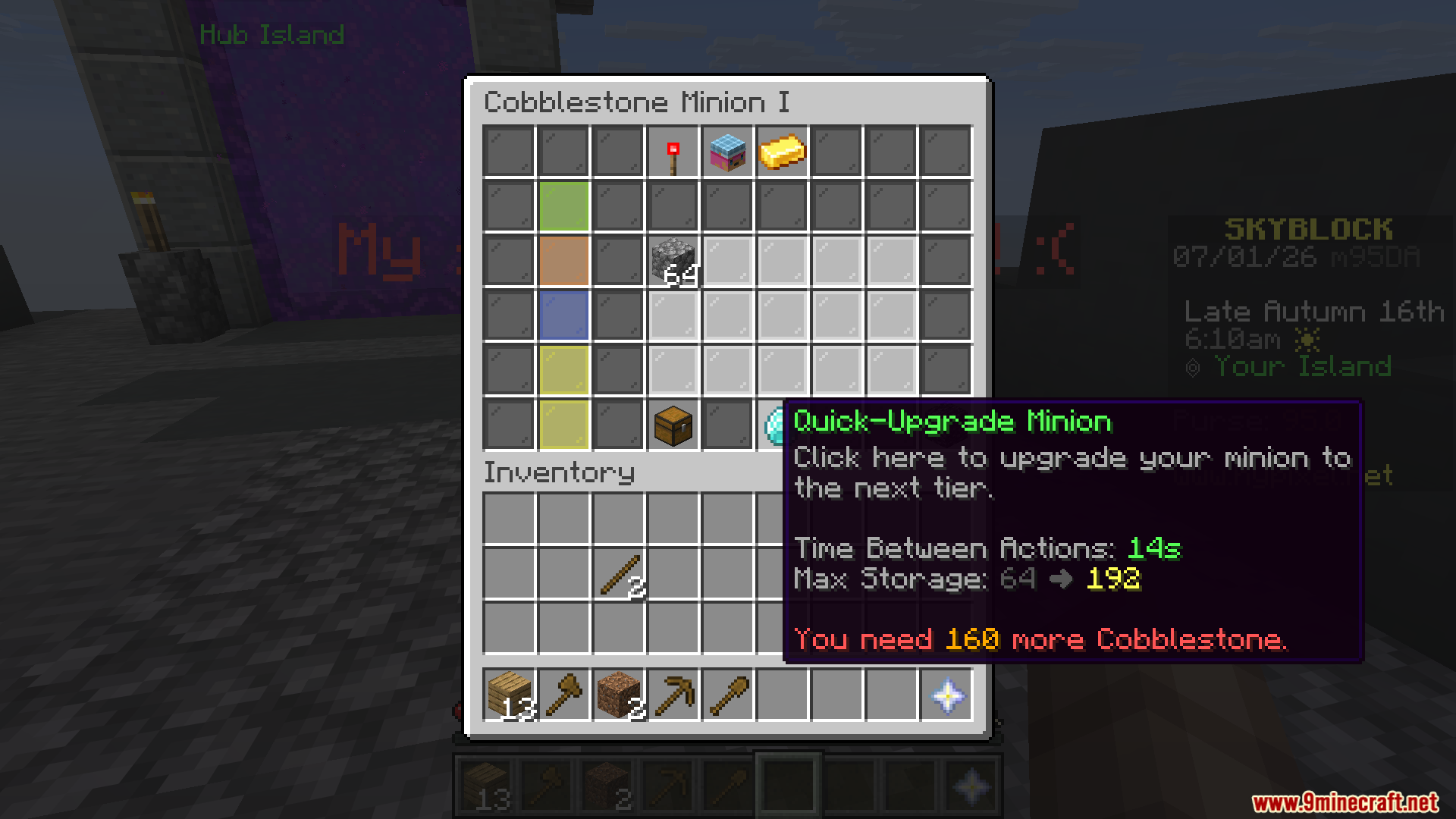 Catharsis Mod Screenshot 5 Minecraft interface for a cobblestone minion showing upgrade requirements and inventory
