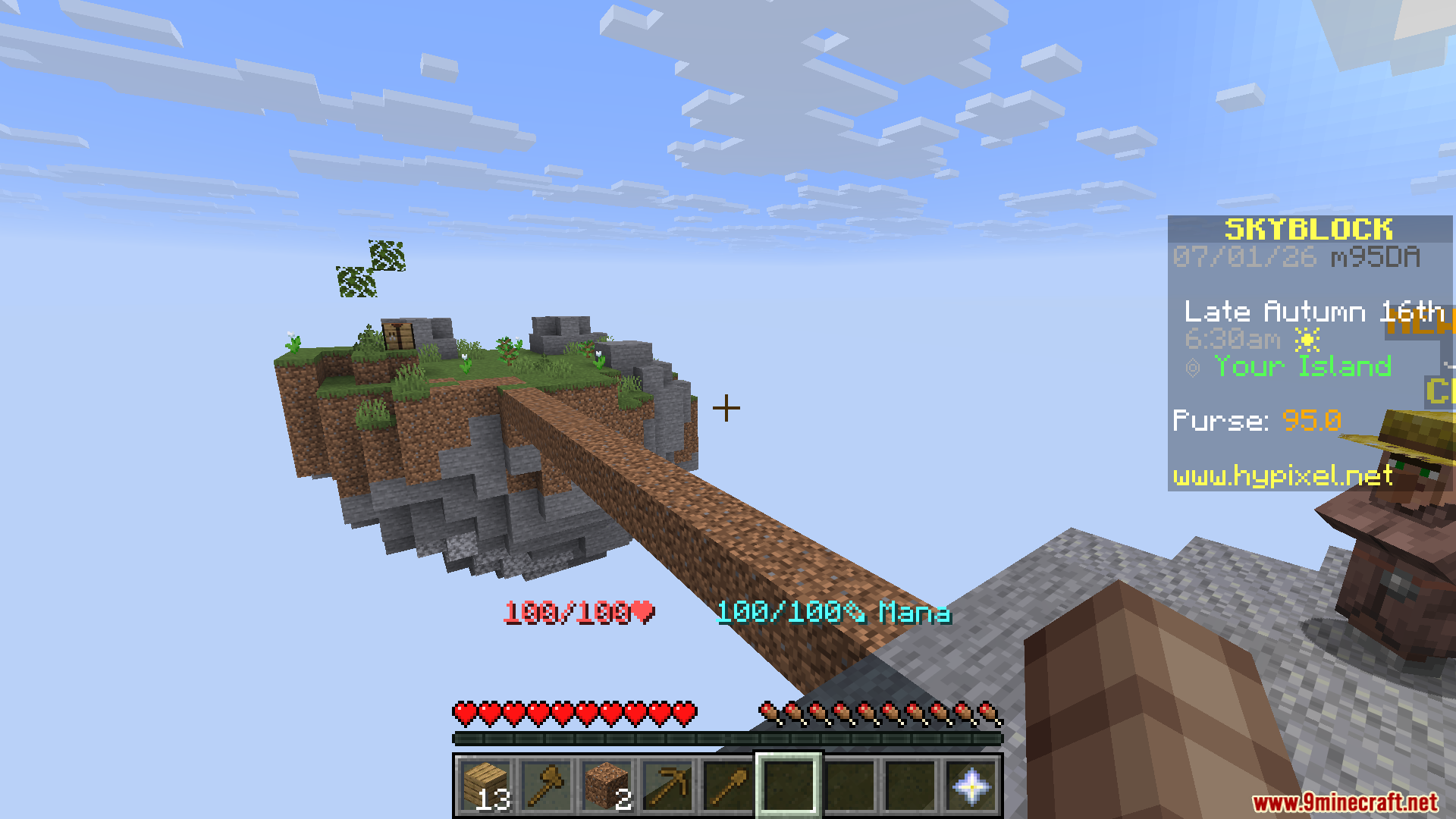 Catharsis Mod Screenshot 9 Player standing on a floating island looking at a bridge in Hypixel Skyblock
