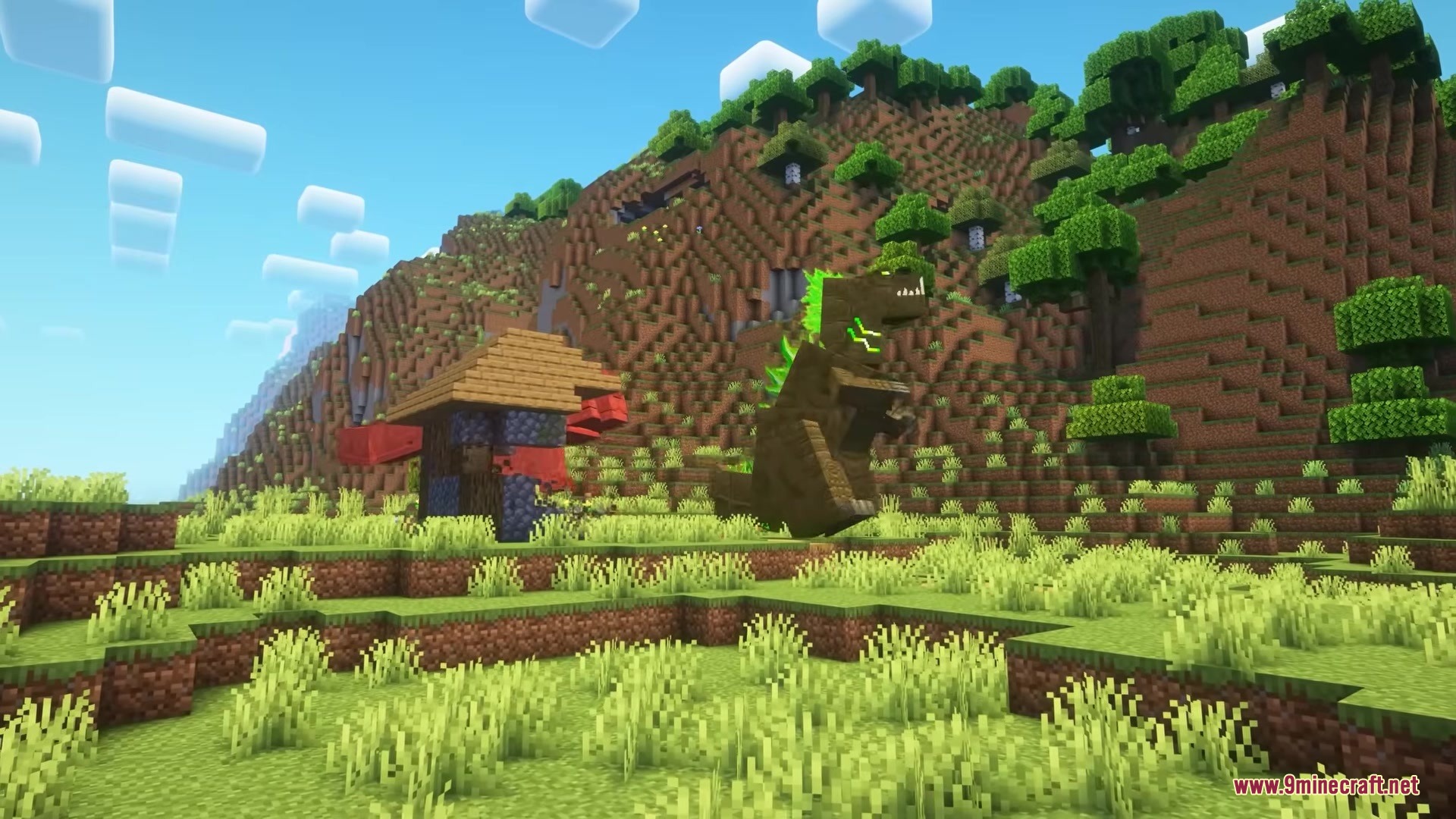 Catzilla Mod Screenshot 11 A giant monster cat with glowing green spikes stands near a village house