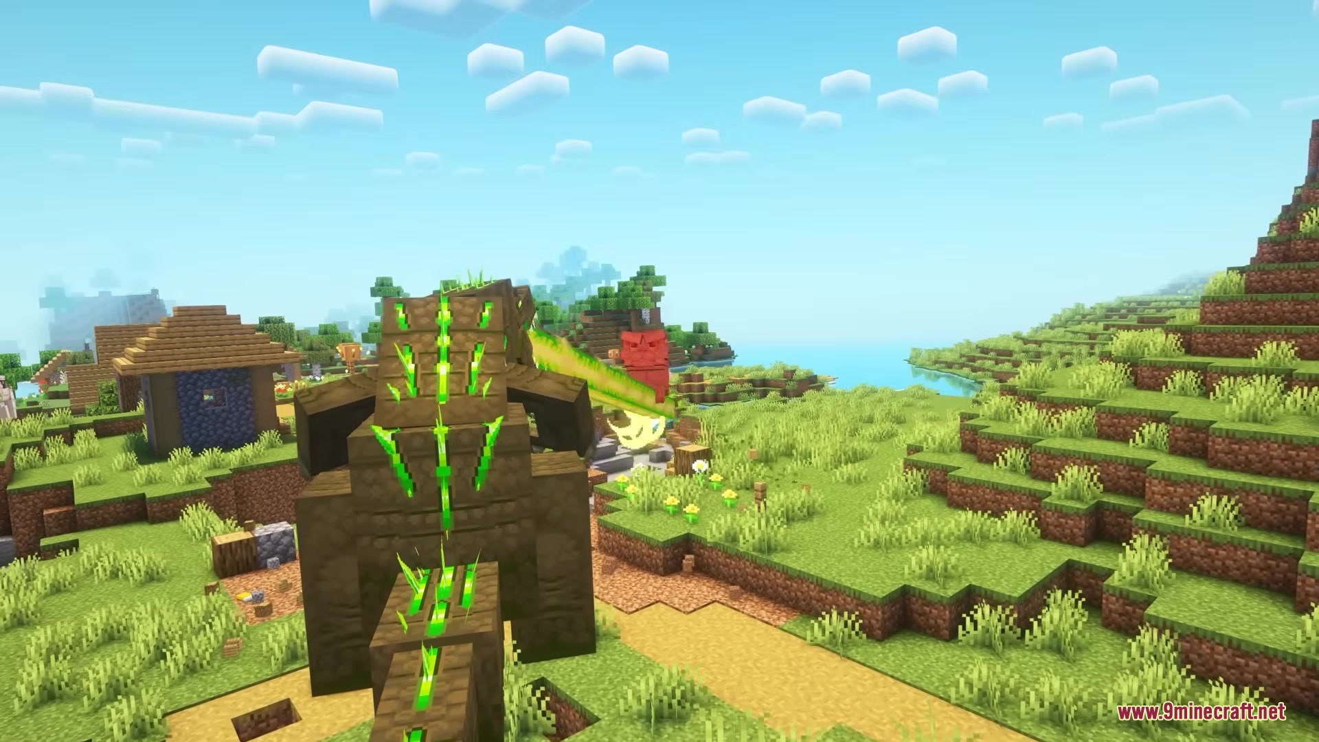 Catzilla Mod Screenshot 13 A giant green glowing monster cat fires a powerful beam in a village