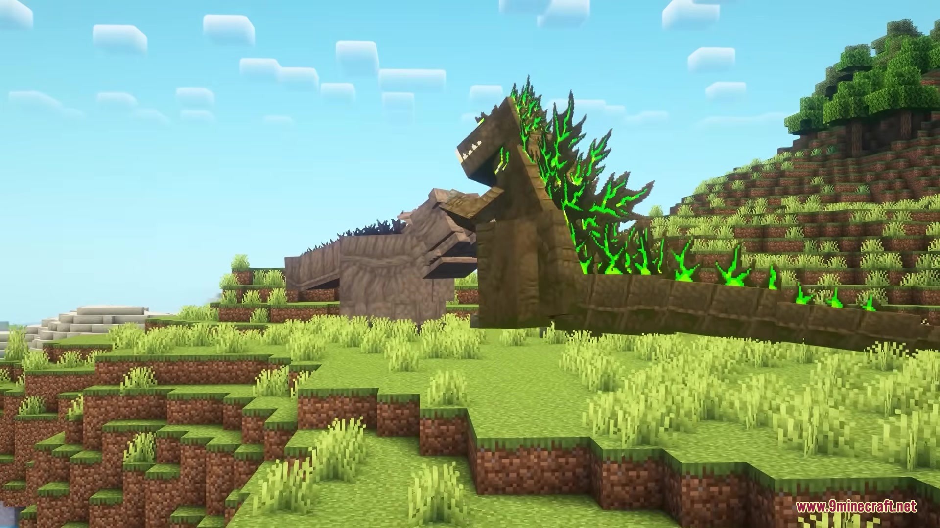 Catzilla Mod Screenshot 14 Two massive monster cats stand together on a grassy hill in Minecraft