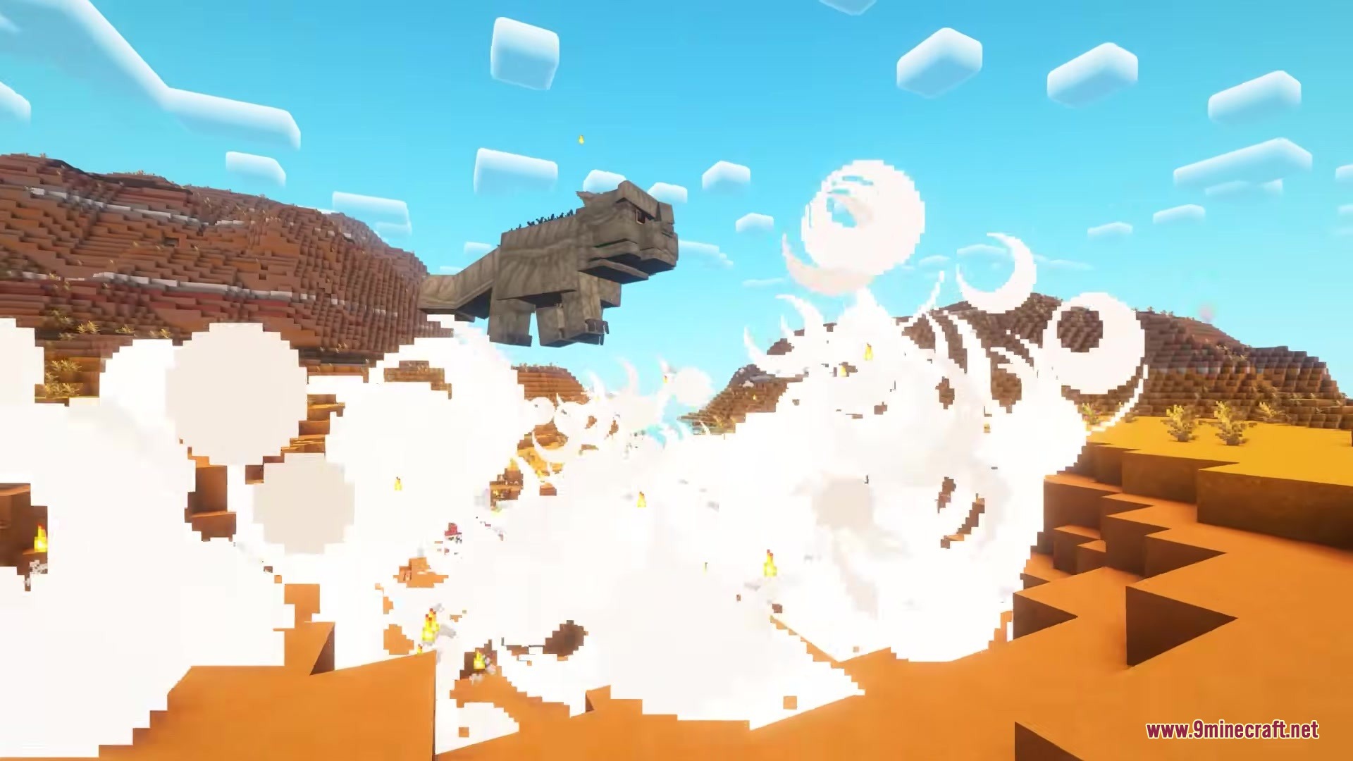 Catzilla Mod Screenshot 3 Giant grey cat monster creates massive white smoke clouds in a mesa biome