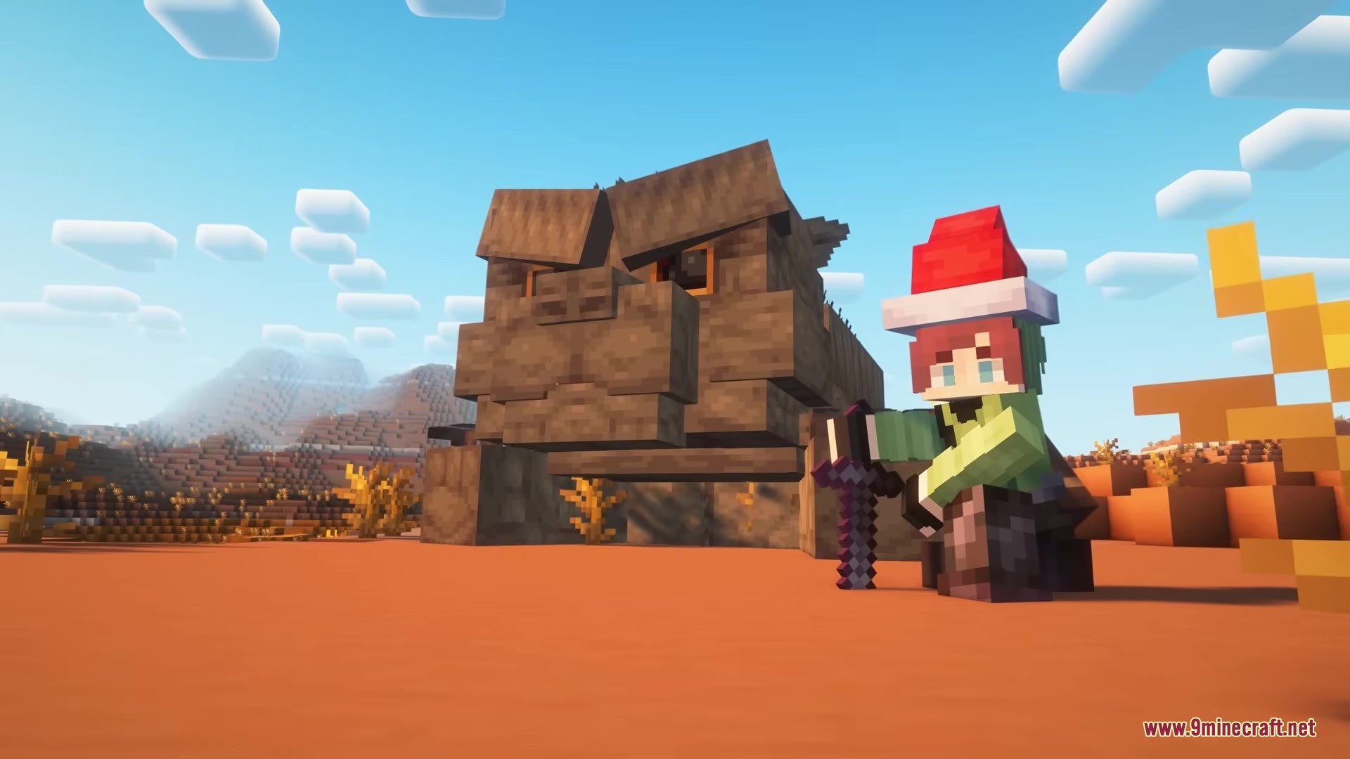 Catzilla Mod Screenshot 6 A player wearing a Santa hat posing next to a massive cat creature