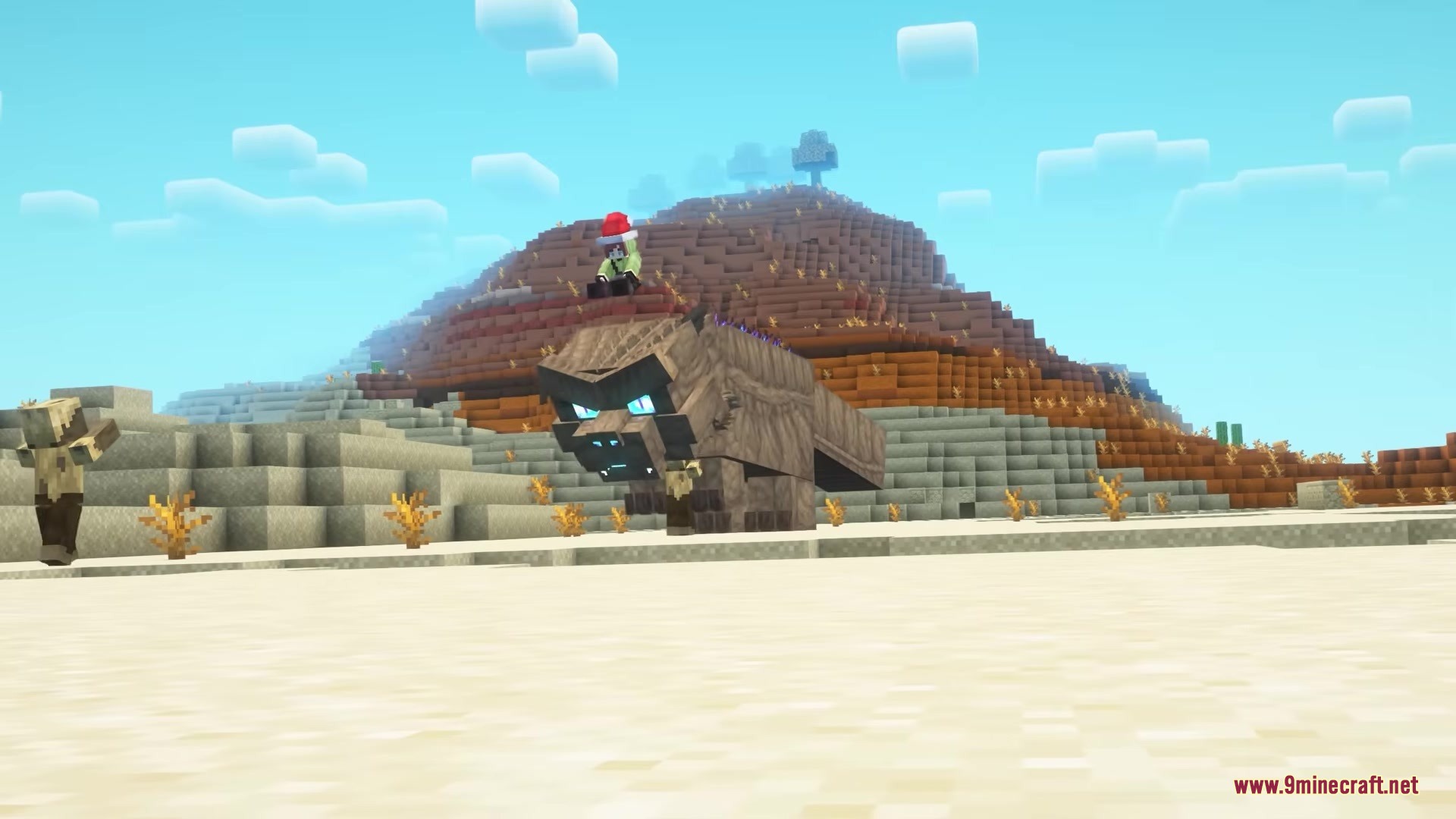 Catzilla Mod Screenshot 8 A player rides a giant Tremorzilla cat through a desert biome in Minecraft