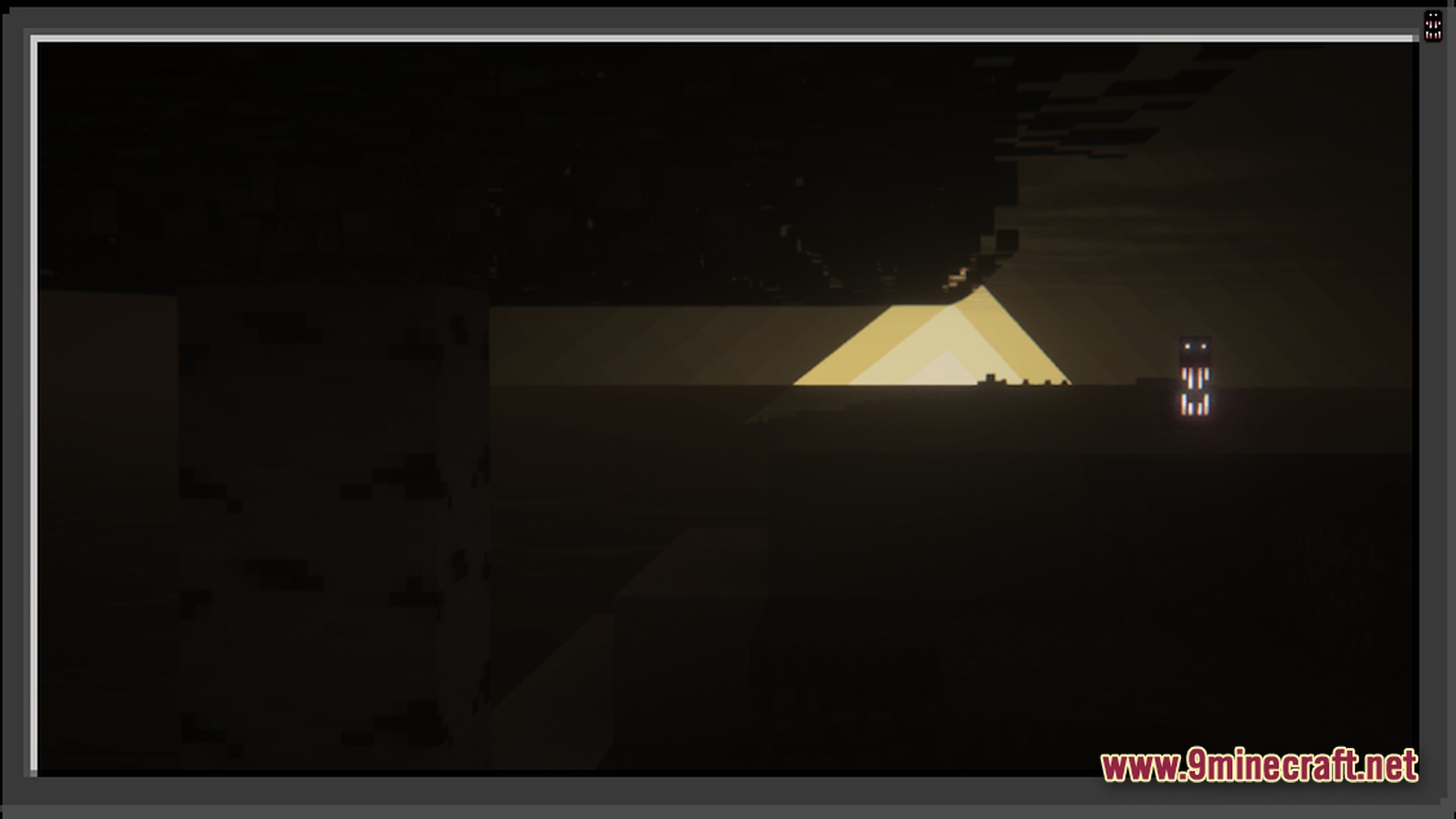 Cave Horror Project 1 Modpack Screenshot 1 A glowing entity stands in a dark landscape during sunset near a birch tree