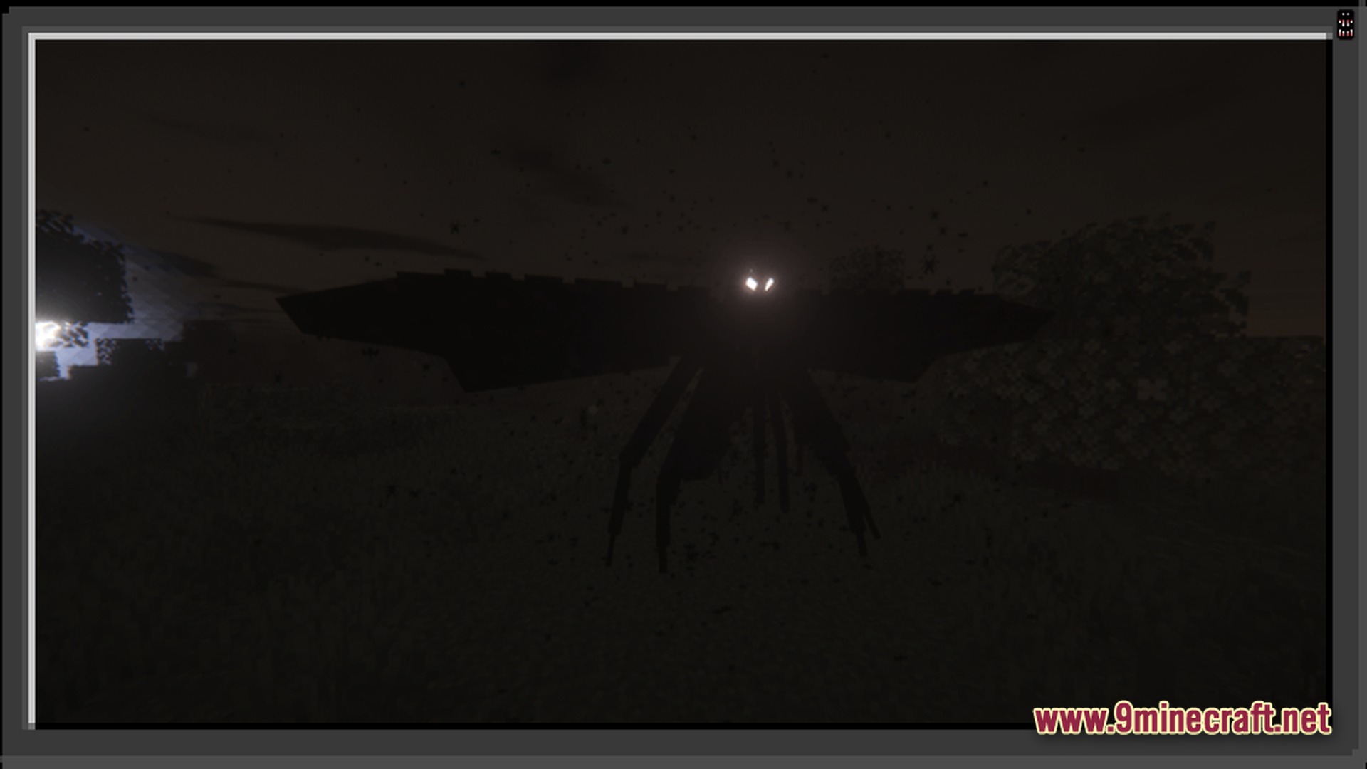 Cave Horror Project 1 Modpack Screenshot 3 A large, winged shadow creature with glowing white eyes stands in a dark Minecraft forest biome