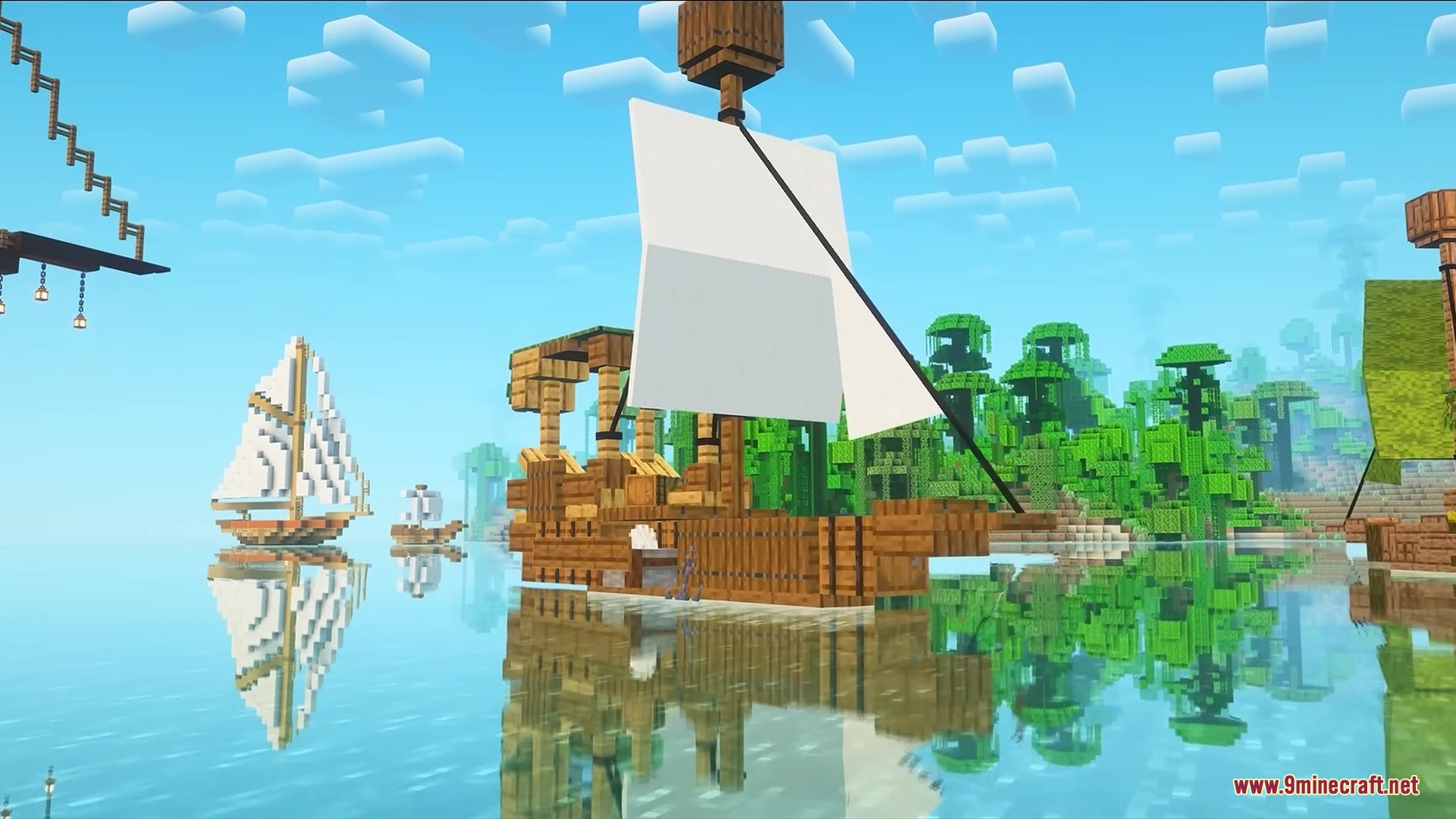 A large wooden ship with white sails reflects on the calm blue water