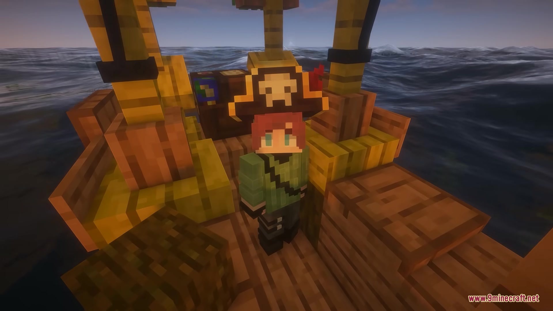 Player wearing a pirate hat standing on a wooden ship in the ocean