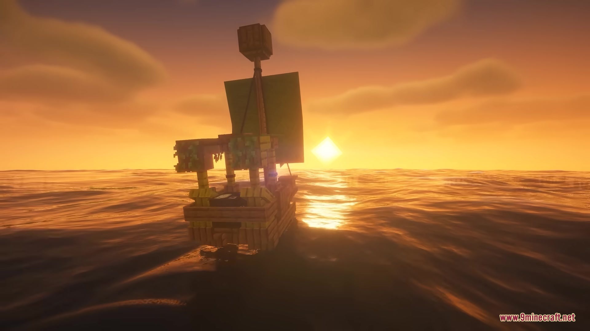A wooden ship with green sails sailing towards the bright sunset on ocean