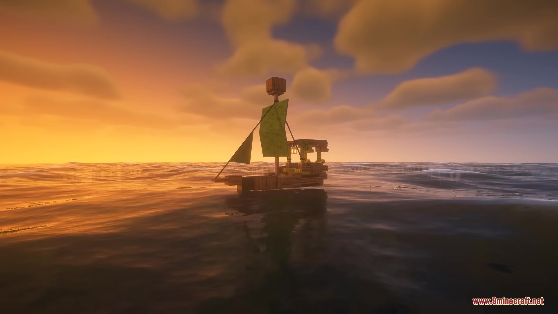 Side view of a medium sized ship on the ocean at sunset