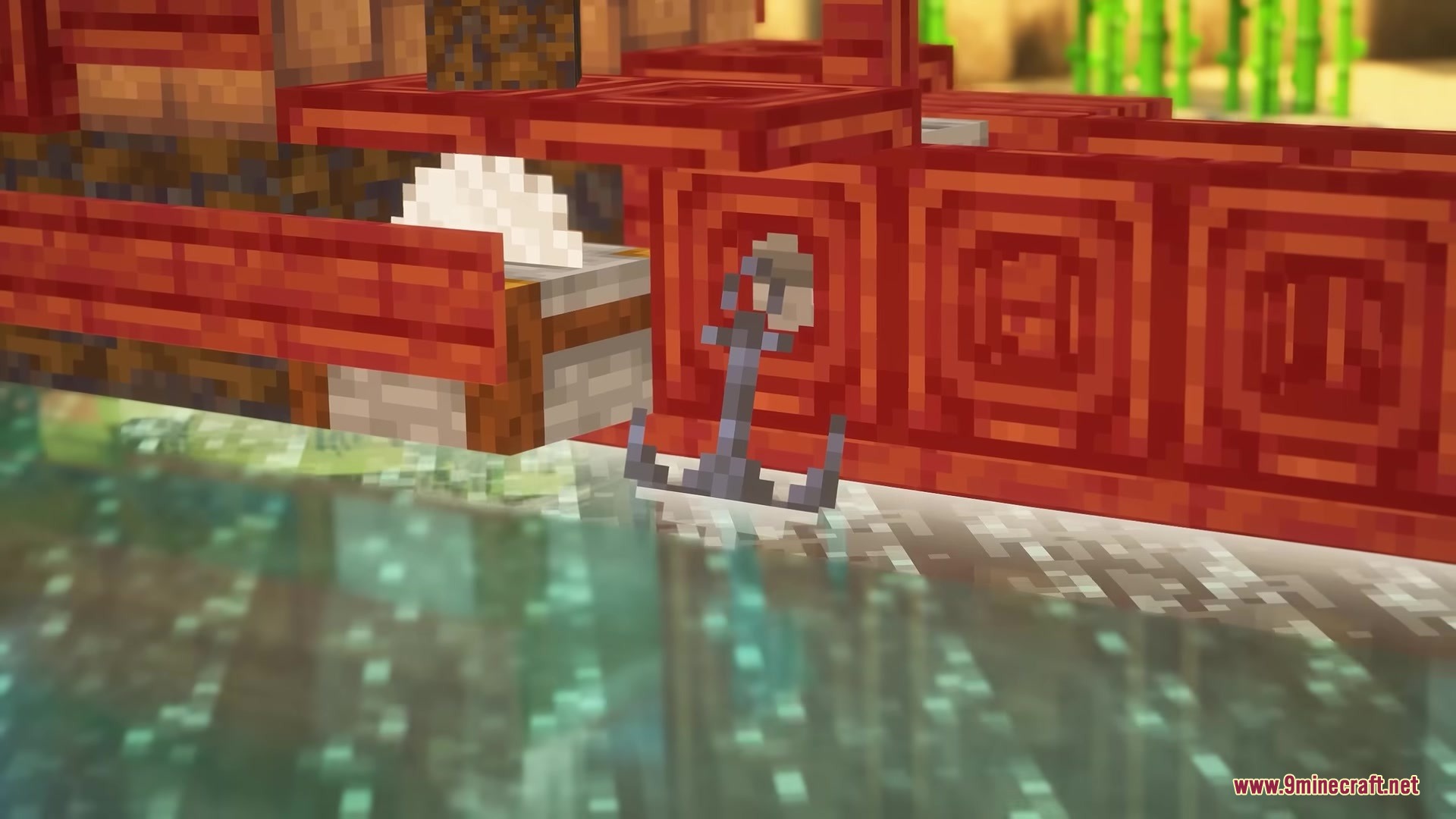 A mangrove wood ship hull featuring a hanging anchor and a stonecutter block