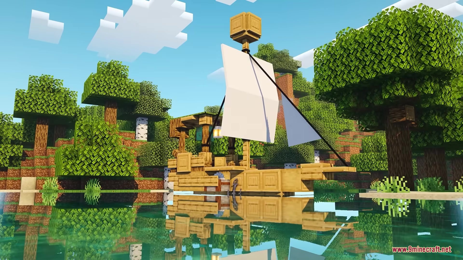 A large oak sailing ship with white sails floating on clear water