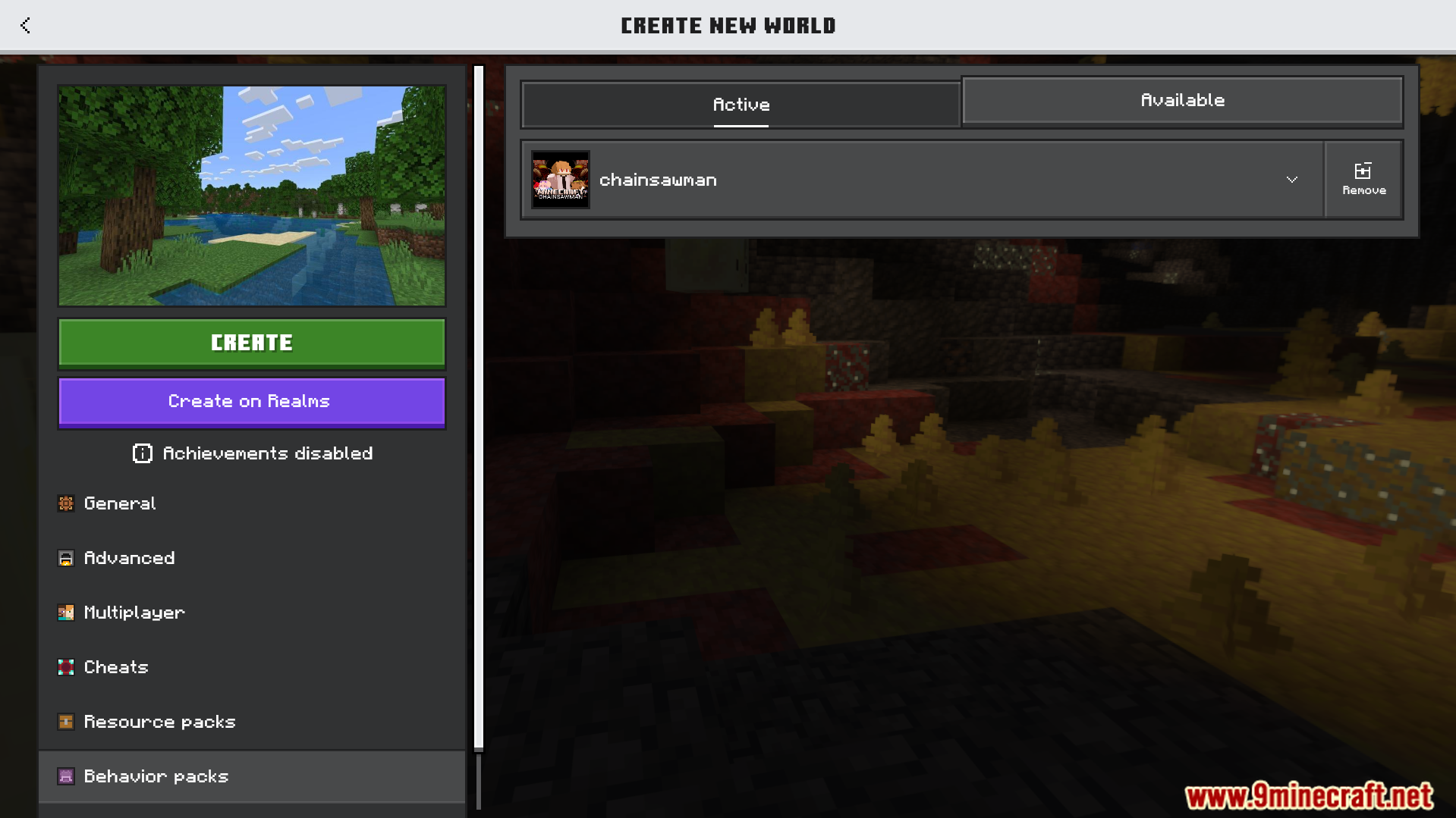 Minecraft user interface showing the active chainsawman behavior pack for a new world
