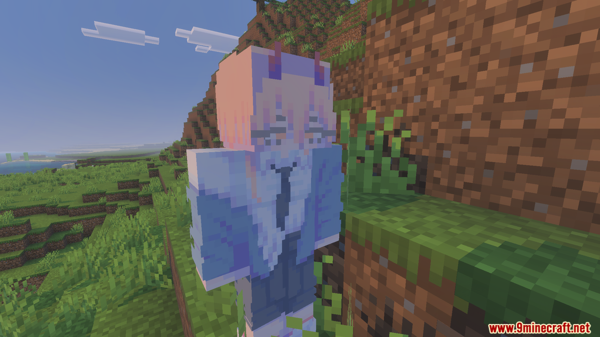 Anime character with pink hair and horns standing on a grassy hill