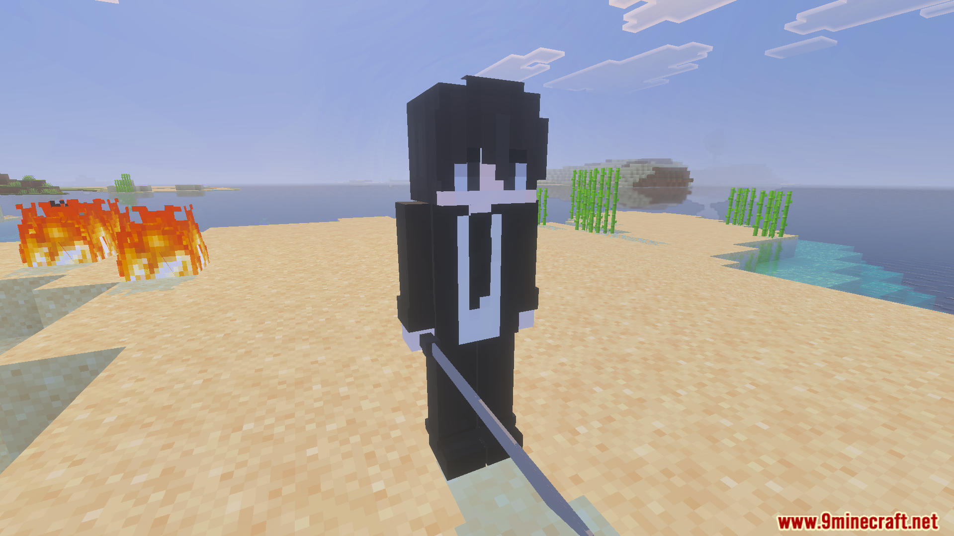 Minecraft character wearing a black suit standing on a sandy beach shore