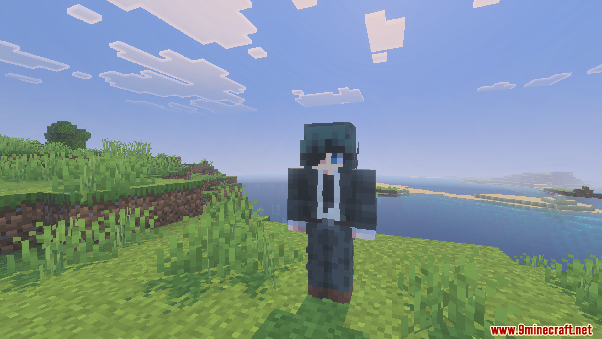 A Minecraft character with an eye patch wearing a black suit on grass