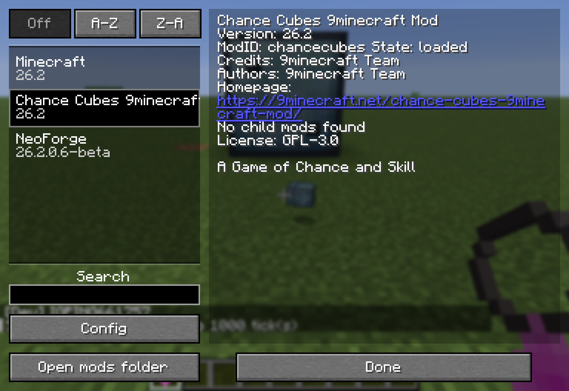 Chance Cubes listed in the in-game mods screen - loaded, with 9minecraft Team credits and its homepage link.