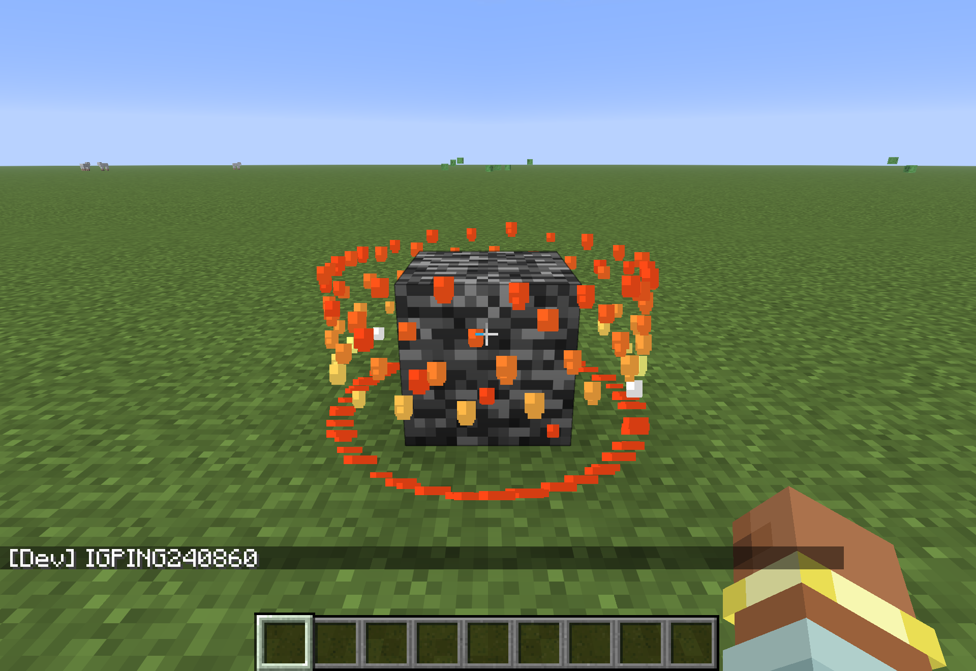 A loot box reward spawned by a broken Chance Cube, with flame particles around it.