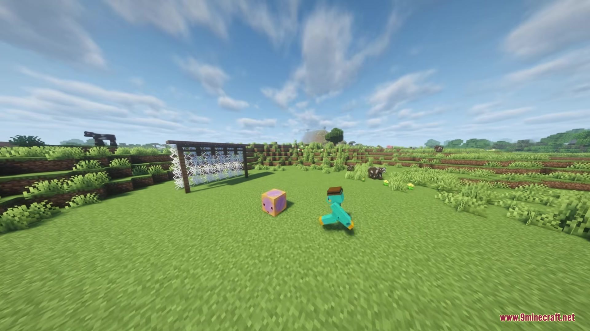 Chaos Cubed Mod Screenshot 1 Player in diamond armor hits a bouncy Sulfur Cube into a cobweb goal