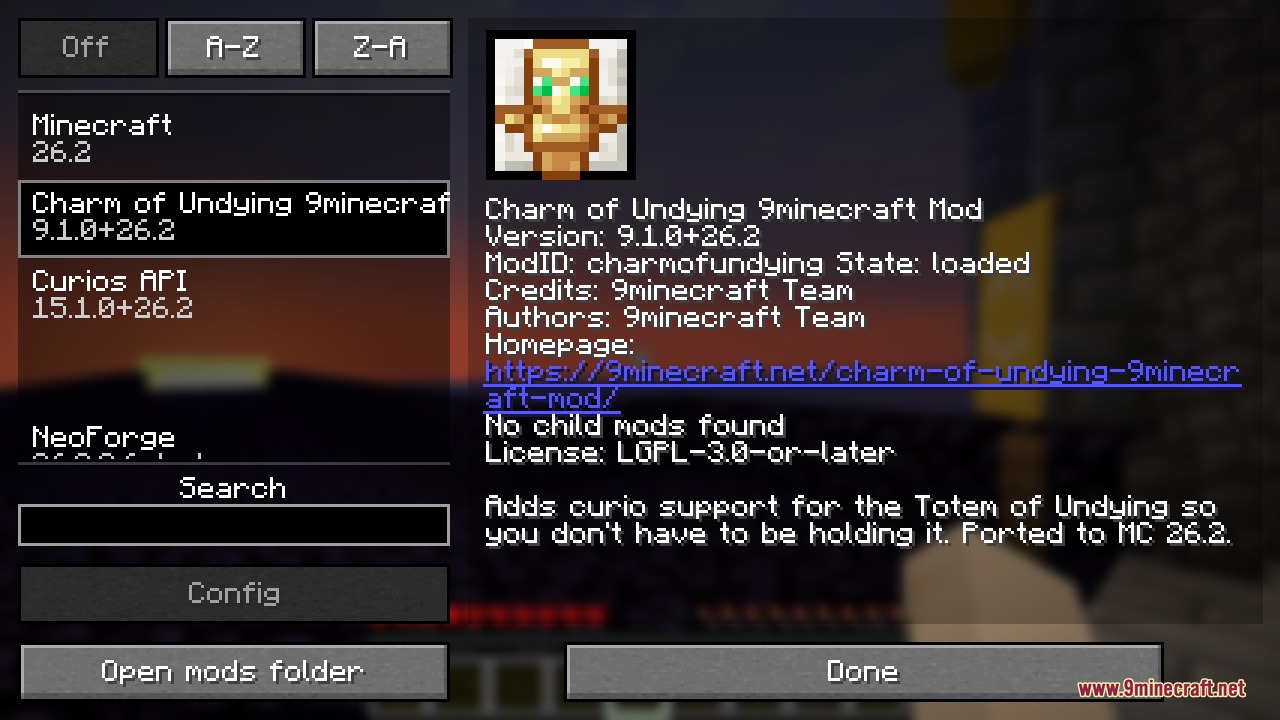 The mod's entry in the in-game mods list, shown loaded with a clickable homepage link and a note that it adds curio slot support for the Totem of Undying so you don't have to hold it