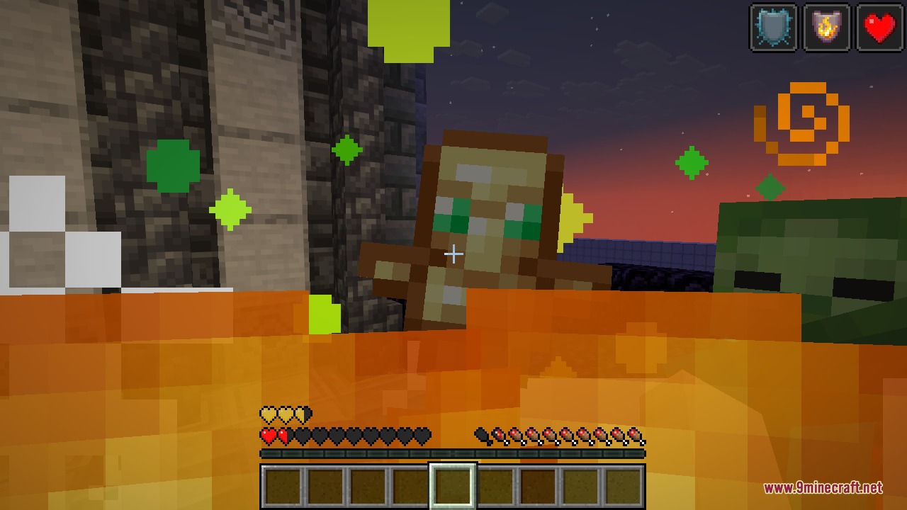 The equipped totem triggering its revive animation in the lava as a zombie closes in, keeping the player alive