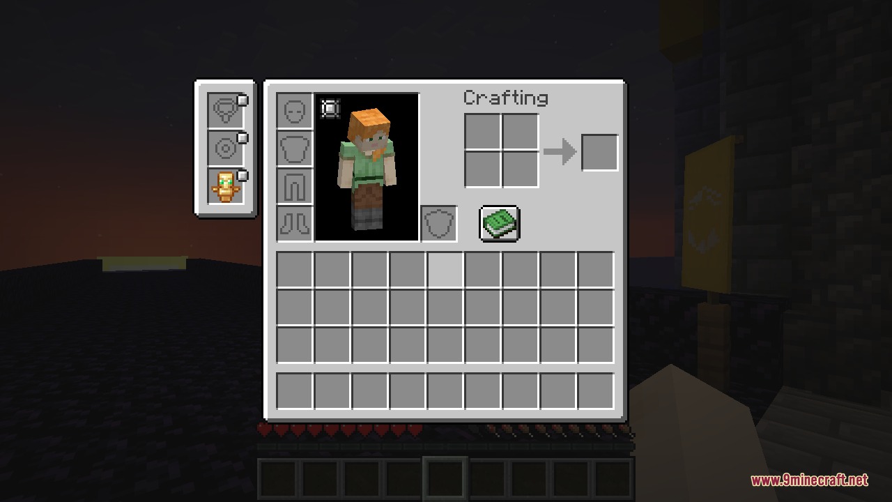 The player inventory with the extra accessory slots on the left, a Totem of Undying equipped in the charm slot instead of taking up a hand