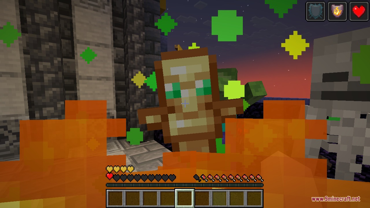 The Totem of Undying's revival animation triggering automatically while the player stands in lava surrounded by mobs, with the totem stored in the charm slot
