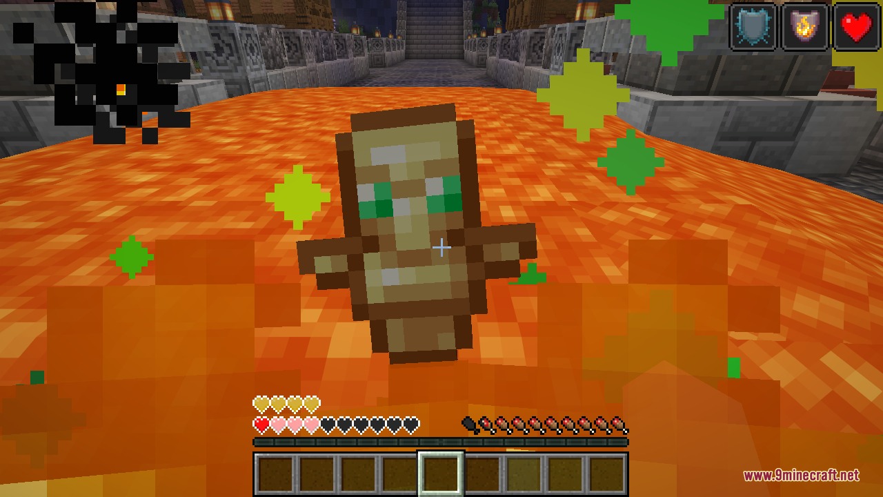 A close-up of the Totem of Undying activation and its green particles as the player's health regenerates after a lethal hit