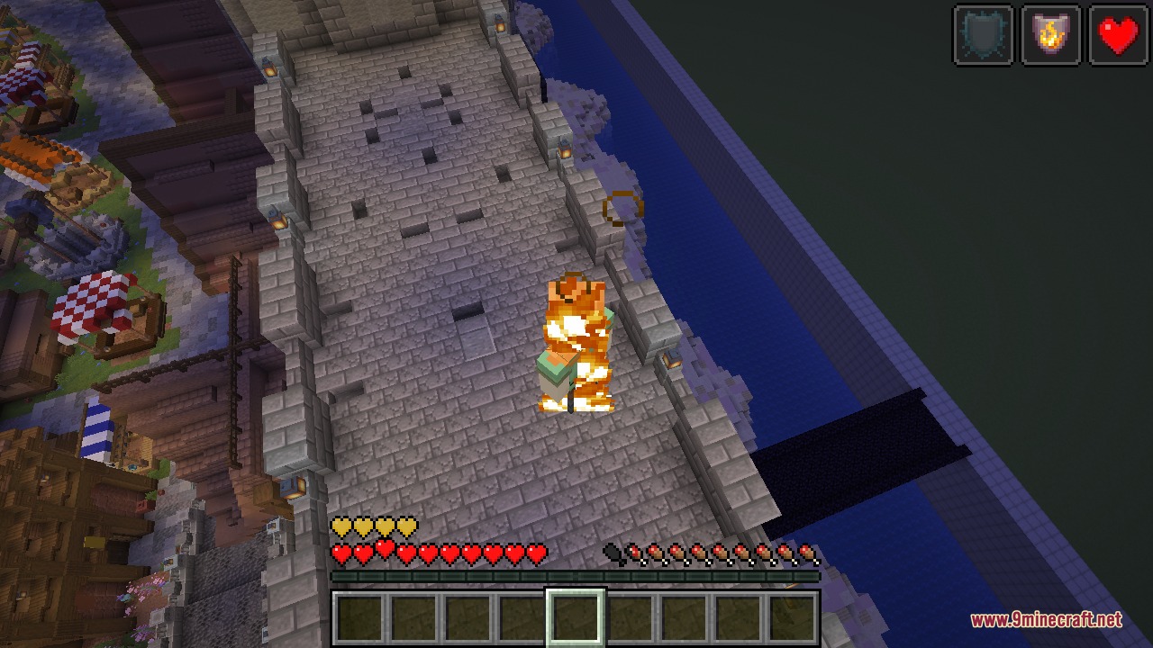 A top-down view of the player on fire but still standing at full health after the charm-slot totem revived them