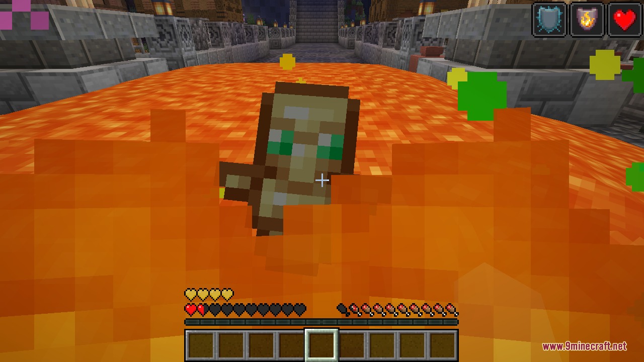 The Totem of Undying proc effect in close view while the player is deep in lava, health restoring from the charm slot