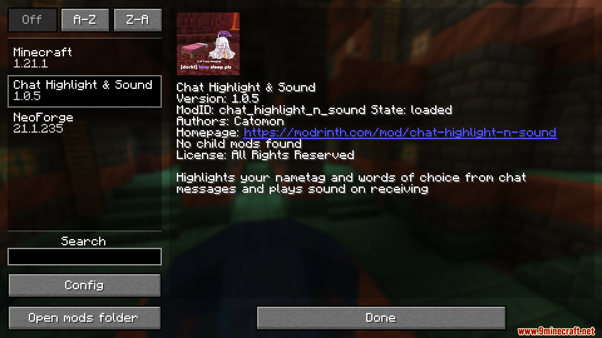 Chat Highlight N Sound Mod Screenshot 1 Minecraft mod list screen showing details for a chat highlight mod