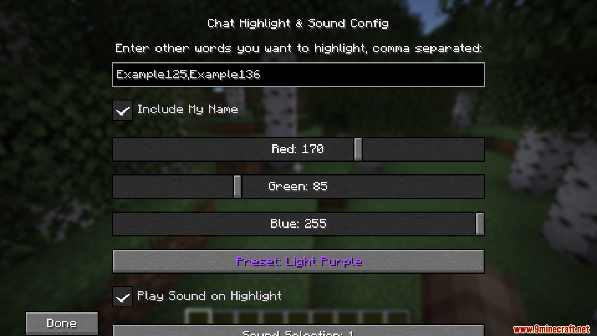 Chat Highlight N Sound Mod Screenshot 2 The configuration interface for selecting chat highlight colors and custom keywords