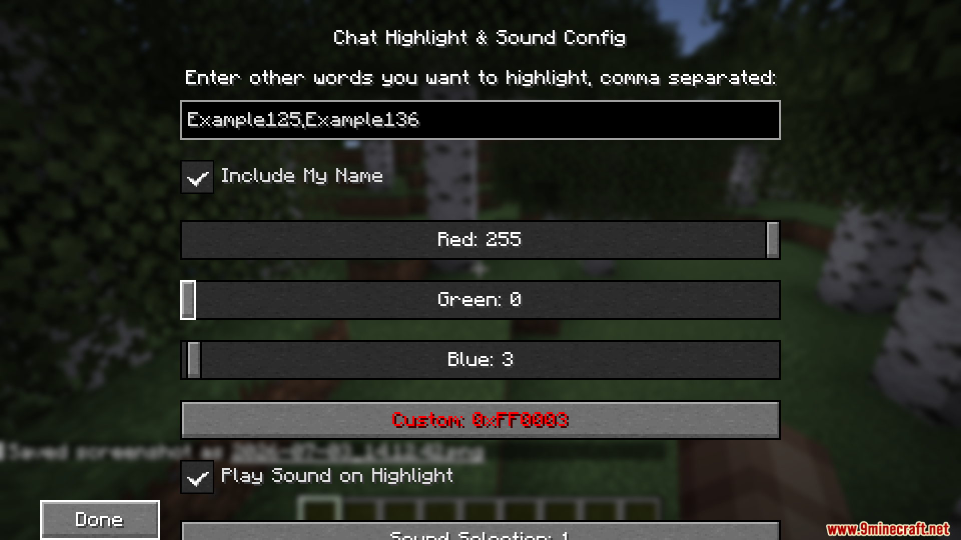 Chat Highlight N Sound Mod Screenshot 3 Minecraft menu screen for configuring chat word highlights and custom color sliders