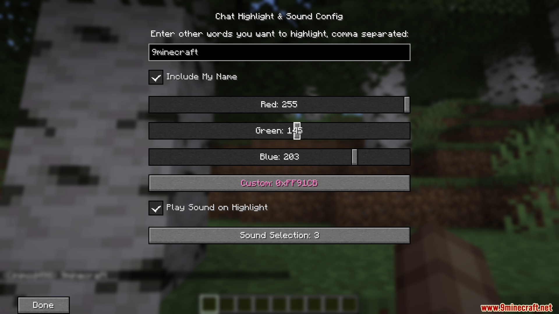 Chat Highlight N Sound Mod Screenshot 5 Configuration screen for Chat Highlight N Sound Mod with color and sound options