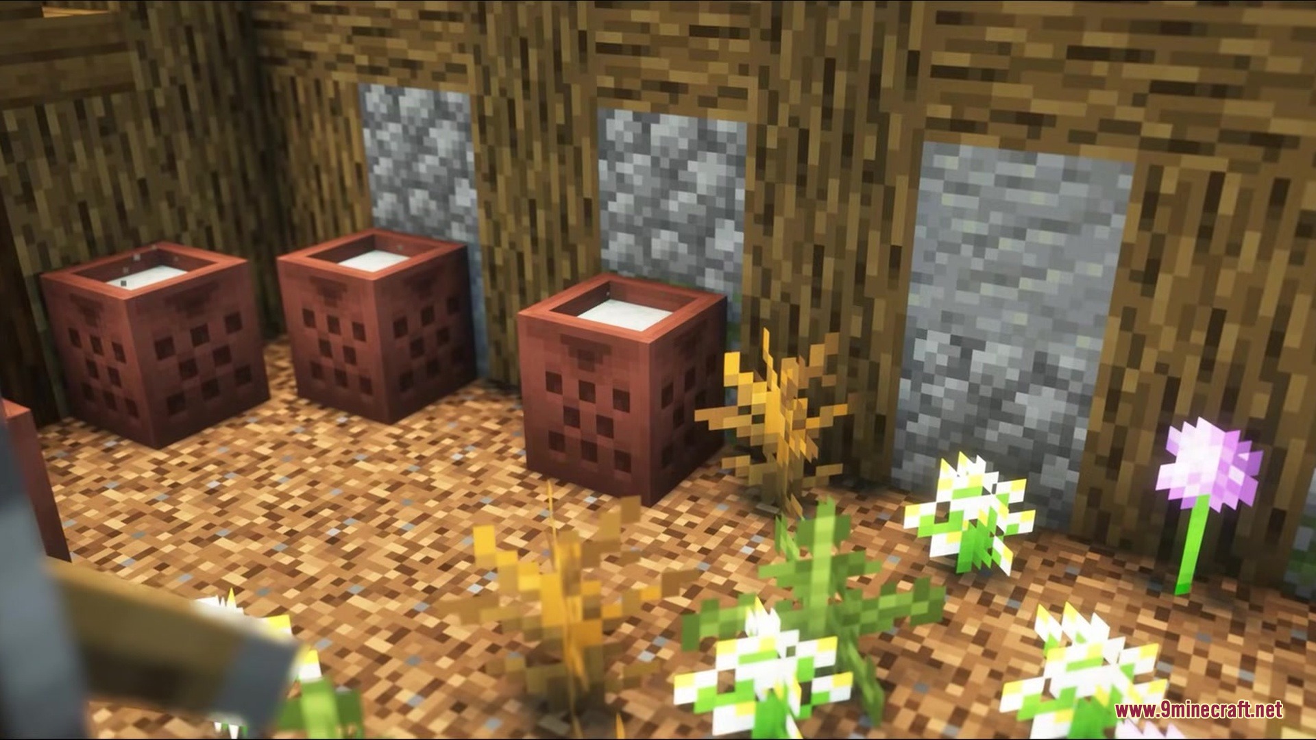 Cheesus Mod Screenshot 1 Three cheese strainer blocks filled with milk inside a wooden building