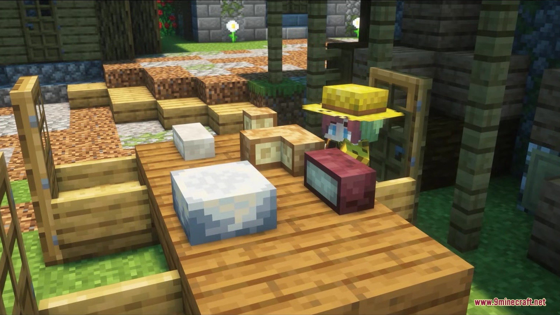 Cheesus Mod Screenshot 5 A character with a straw hat displays different types of cheese on a counter