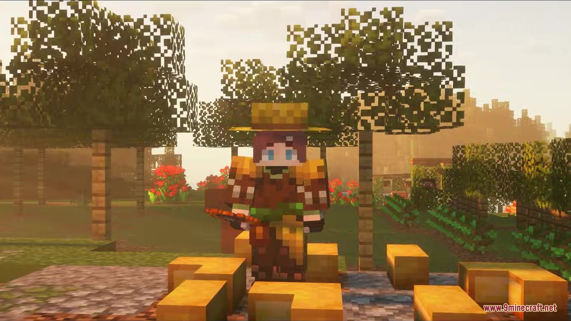 Cheesus Mod Screenshot 7 A Minecraft character wearing a straw hat stands in a sunny garden landscape